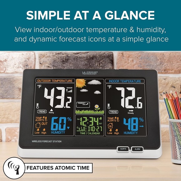 Weather Station‎ La Crosse Full Color Display Atomic Clock Indoor Outdoor Sensor